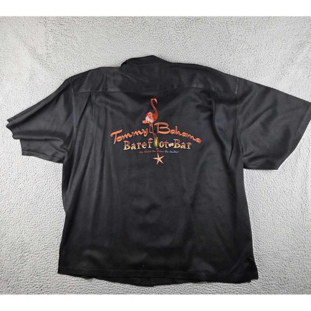 Tommy Bahama Shirt Mens 2XL Black Barefoot Bar Embroidered Flamingo Button Up